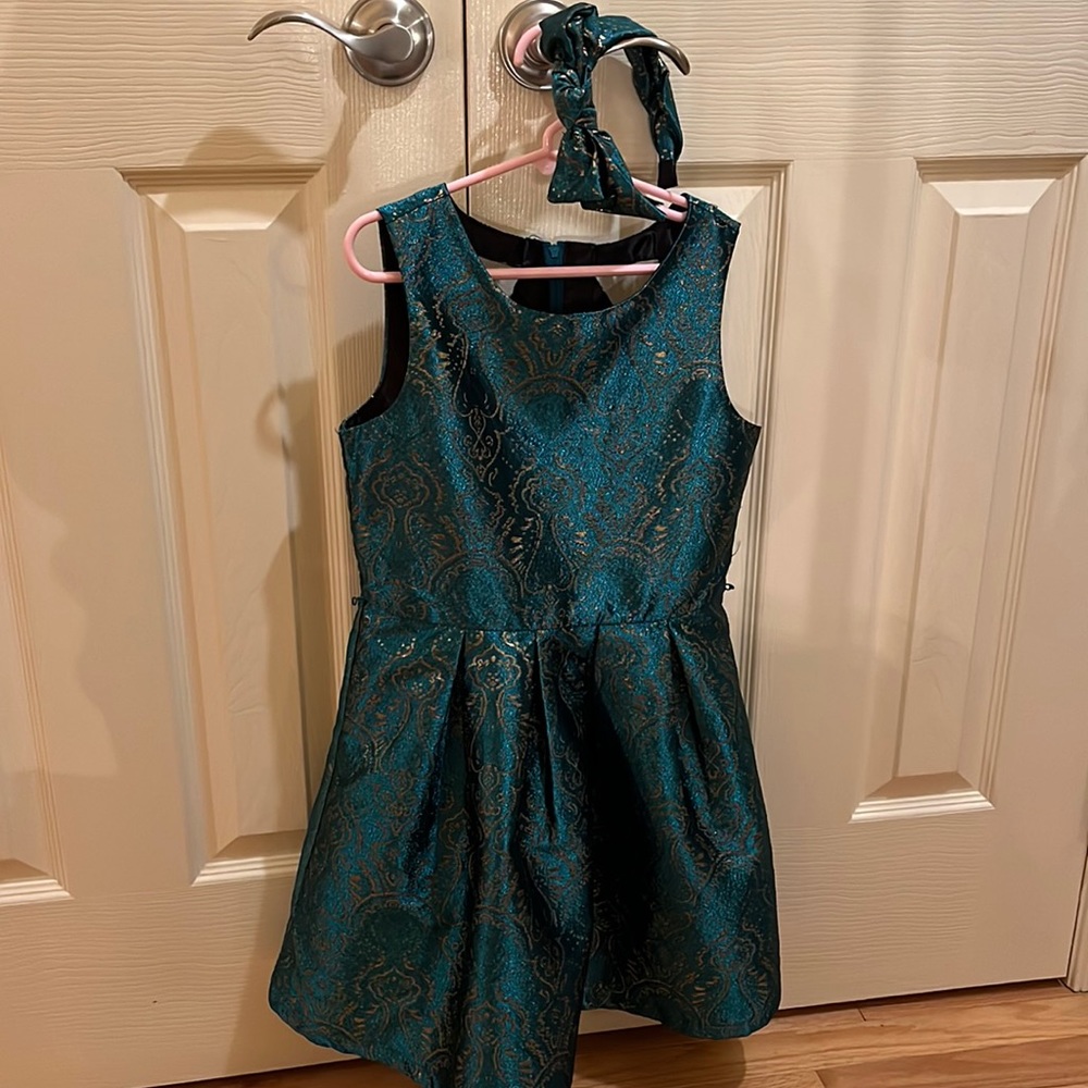 Turquoise and Gold girls size 10 dress with headband